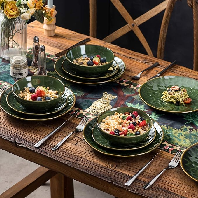 vicrays Ceramic Dinner Plates Set, 10.5 Inch, Set of 6, Round, Microwave, Oven, Dishwasher Safe, Scratch Resistant, Porcelain Fluted Suitable for Steak, Pasta, Pizza, Home, Restaurant, Green