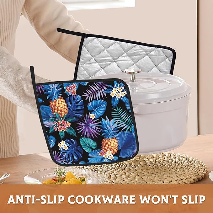 2PCS Hawaiian Pot Holder with Loop,Tropical Palm Leaves and Flowers Heat Resistant Oven Pads, Hot Pat for Kitchen Cooking Baking Food