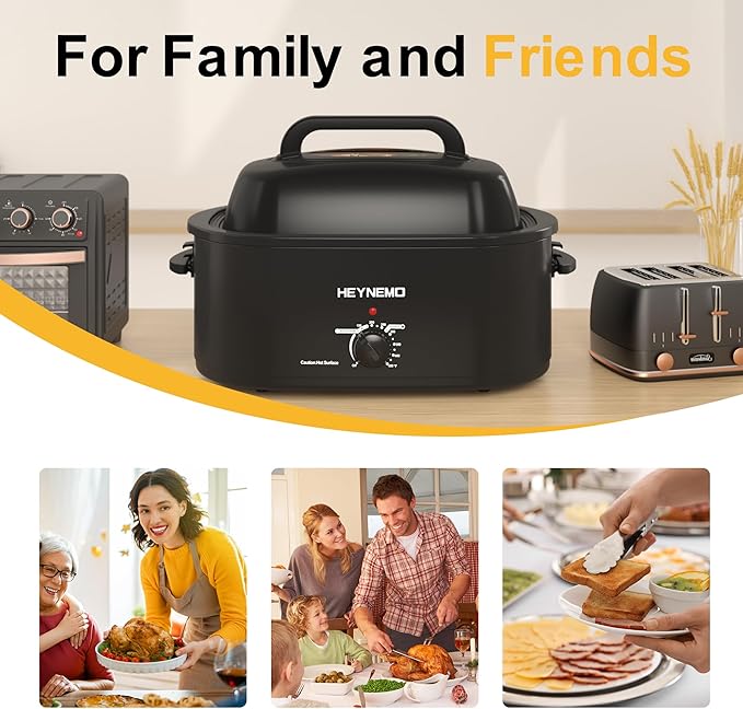 24QT Electric Roaster Oven, Electric Turkey Roaster with Viewing & Self-basting Lid, Stainless Steel Turkey Roaster Oven, Black