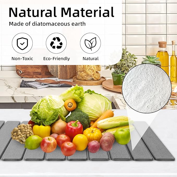 Stone Dish Drying Mat,24"(L)×16"(W) - Fast-Drying, Collapsible Kitchen Counter Mat for Dishes, Cups & Bottles with Sanding Tool + Placemat, Dark gray