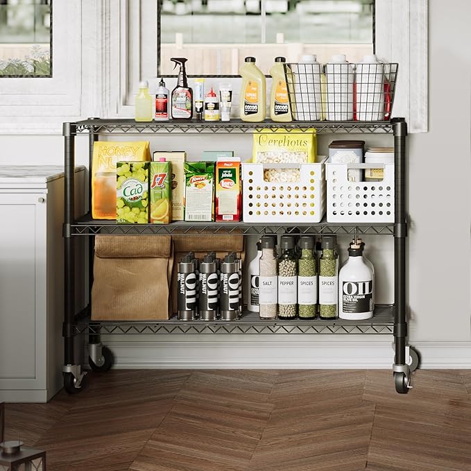 3 Tier Storage Shelves with Wheels Wide Wire Shelving Unit 39.37" H Tall, 350lbs per Shelf Metal Shelves for Storage Sturdy Heavy Duty Shelving Deep Pantry Shelves Storage Rack