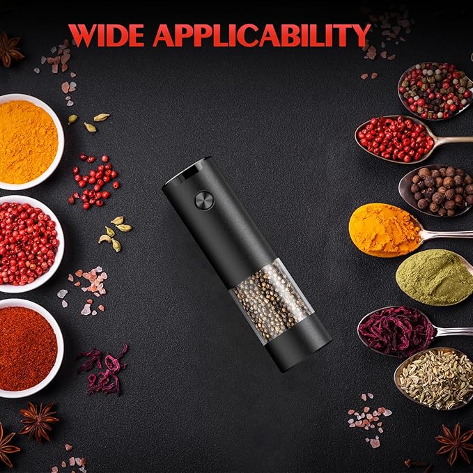 Electric Salt and Pepper Grinder Set Automatic Battery Pepper Mill Shakers Adjustable Coarseness Easy Filling Upgraded Larger Capacity with Led (1 Pack Black）