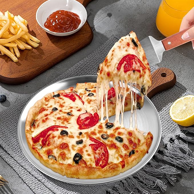 8Pcs 12 Inch Pizza Pan, Stainless Steel Pizza Serving Tray with 4pcs Pizza Spatula, Round Non-Stick Coating Pizza Plate for Baking Cake Pie Serving Tableware Kitchen Home Restaurant