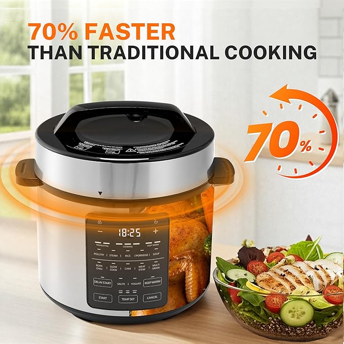 Simple Deluxe 14-in-1 Electric Pressure Cooker - 6QT Stainless Steel Slow & Rice Cooker, Steamer, Sauté, Yogurt Maker, Multi-Cooker with Dishwasher-Safe & Non-Stick