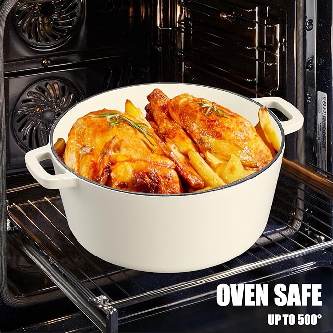 5Qt Dutch Oven, 2-In-1 Enamel Cast Iron Dutch Oven Pot with Skillet Lid, Heavy Duty Oven Safe Cookware for Sourdough Bread Baking Braising, Roasting Stewing Frying Simmering, Multi Stoves, Easy Clean (White)