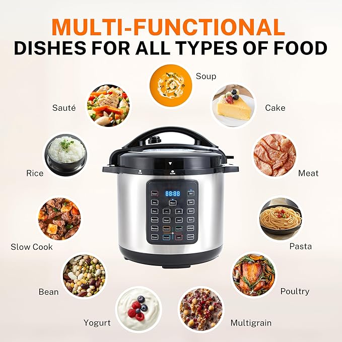 Simple Deluxe Electric Pressure Cooker, Non-Stick 16-in-1 & 8QT Stainless Steel Multi Cooker for Slow Cook, Meat Stew, Cake, Pasta, Multigrain, Dishwasher Safe, Silver