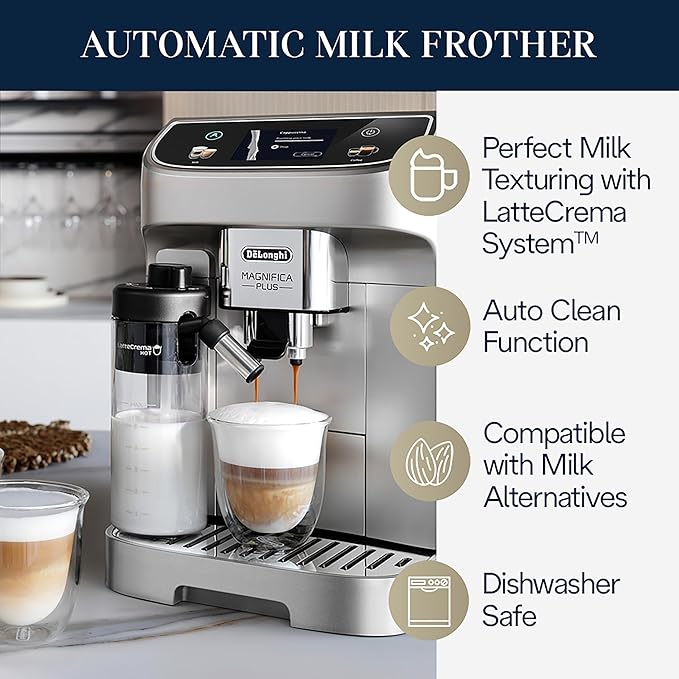 De'Longhi Magnifica Plus Fully Automatic Espresso Machine - Brew 18+ One Touch Coffee Recipes for up to 4 User Profiles, Automatic Milk Steam Wand & Built-in Grinder, Touchscreen Display