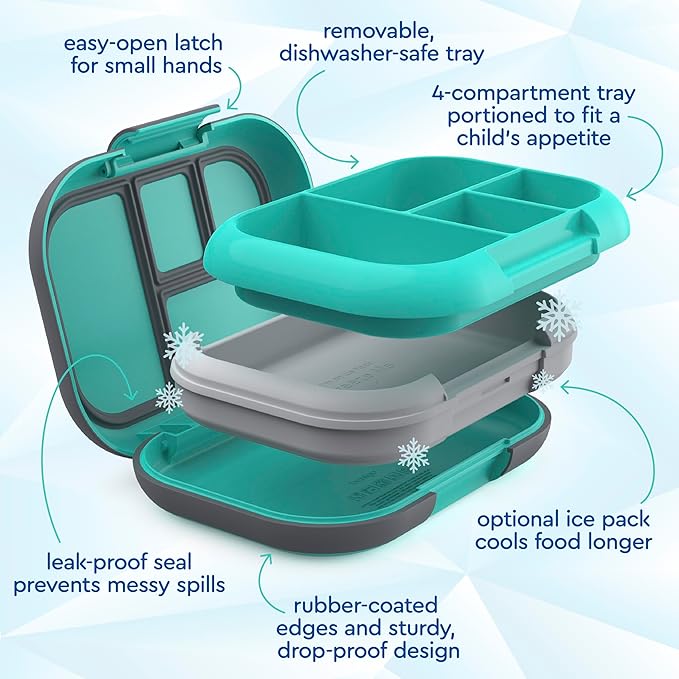 Bentgo Chill Kids Leak-Proof Lunch Box - 4-Compartment Bento Box with Built-In Ice Pack, 3.3 Cup Capacity, PFAS & BPA-Free, Microwave & Dishwasher Safe, Ideal Size for Ages 3 to 7 (Electric Aqua)