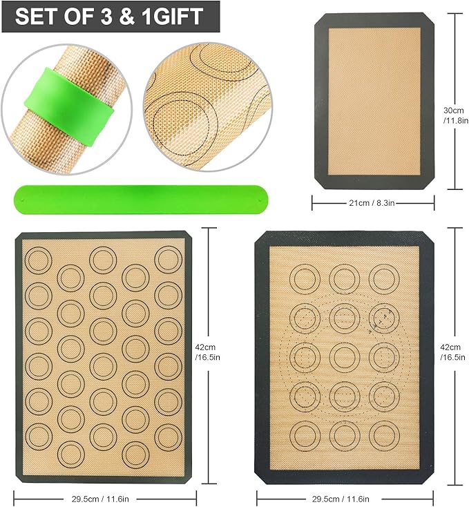 Silicone Baking Mats-Non Stick Cookie Sheet Macaron Mat Liner for Bake Pans & Rolling,Perfect Bakeware For Bread Making Pastry Cake Brioche Pizza Thick/BPA Free Set