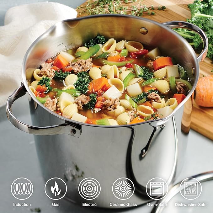 Tramontina Tempo Tri-Ply Base Stainless Steel 8-Quart Stock Pot with Glass Lid, Induction-Ready Pasta Pot, Oven-Safe, Dishwasher-Safe