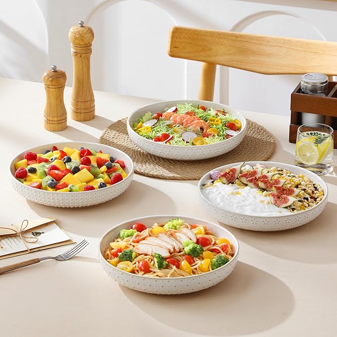 MALACASA Pasta Bowls 48 Oz, 9.5 Inch Large Salad Bowls, Modern Relief Design Ceramic Serving Bowls, Wide and Shallow Plates Pasta Plates, Microwave & Dishwasher Safe, Set of 4, Series LYDIA