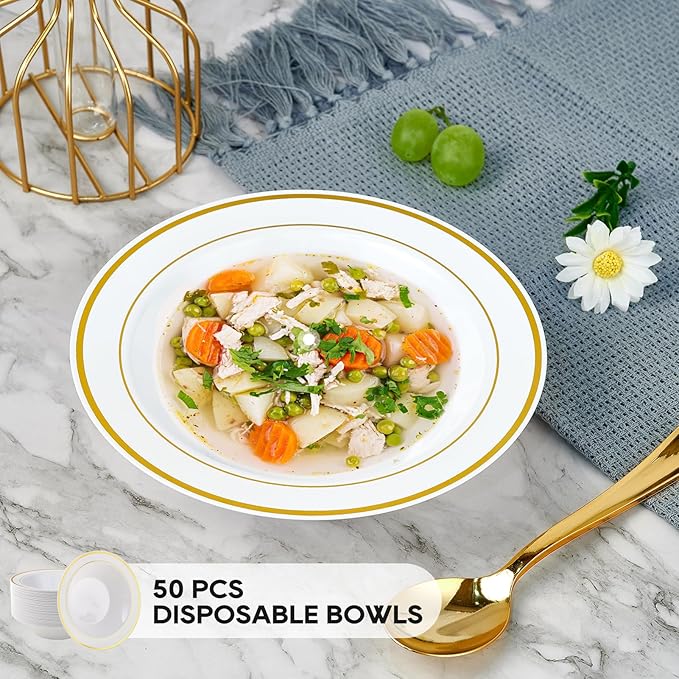 JOLLY PARTY 50PCS Plastic Bowls with Gold Rim-12oz disposable Soup Bowls, Christmas Thanksgiving Premium Dessert Salad Bowl for Wedding/Party