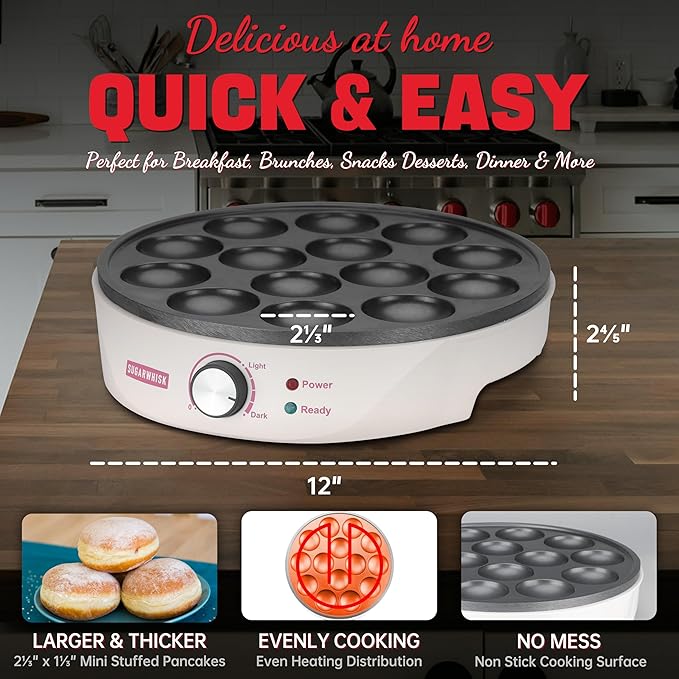 Mini Pancakes Maker Machine with 14 Larger & Deeper Grooves, Electric Mini Pancake Pan, Aebleskiver Pan, Ebelskiver Pan, Browning Controllable, White