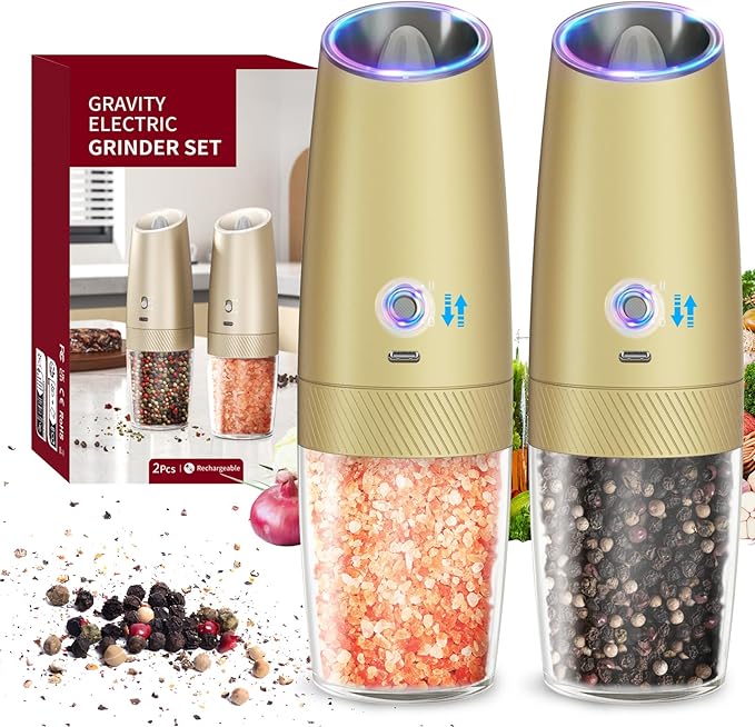CIRCLE JOY Gravity Electric Salt and Pepper Grinder Set with 2-Speed, Rechargeable Salt and Pepper Grinder Set, Adjustable Coarseness, Whiet LED Light