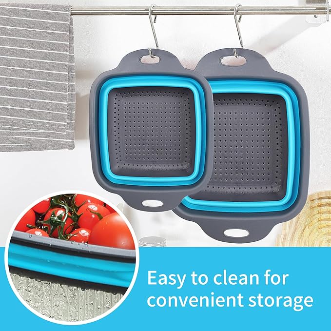 2 PCS Collapsible Colander, Collapsible Strainers for Kitchen, 11.5 inch Silicone Strainer and 9.5 inch Silicone Colander for Draining Vegetable fruit, Kitchen Food Strainer, Blue