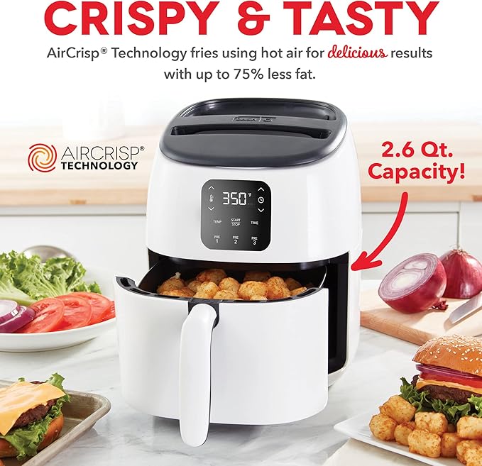 DASH Tasti-Crisp™ Electric Air Fryer Oven, 2.6 Qt., White – Compact Air Fryer for Healthier Food in Minutes, Ideal for Small Spaces - Auto Shut Off, Digital, 1000-Watt