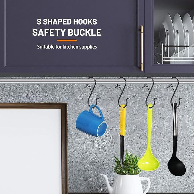 12 PCS S Hooks for Hanging with Safety Buckle, 3.5 inch Heavy Duty Metal S Shaped Hooks for Kitchen Utensil, Cups, Pots, Plants, Bags, Hats (Black)