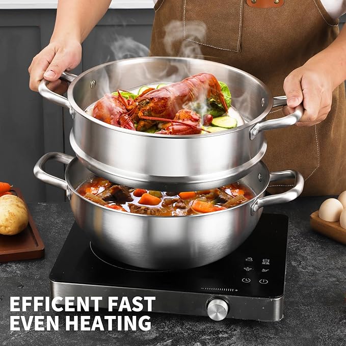 Delarlo Tri-Ply Stainless Steel Steamer Pot 12 Inch Everyday Pan With Lid,kitchen everything pan, Chef's Pans,Induction Cooking Pot, 7QT Stock Pot Dishwasher and Oven Safe