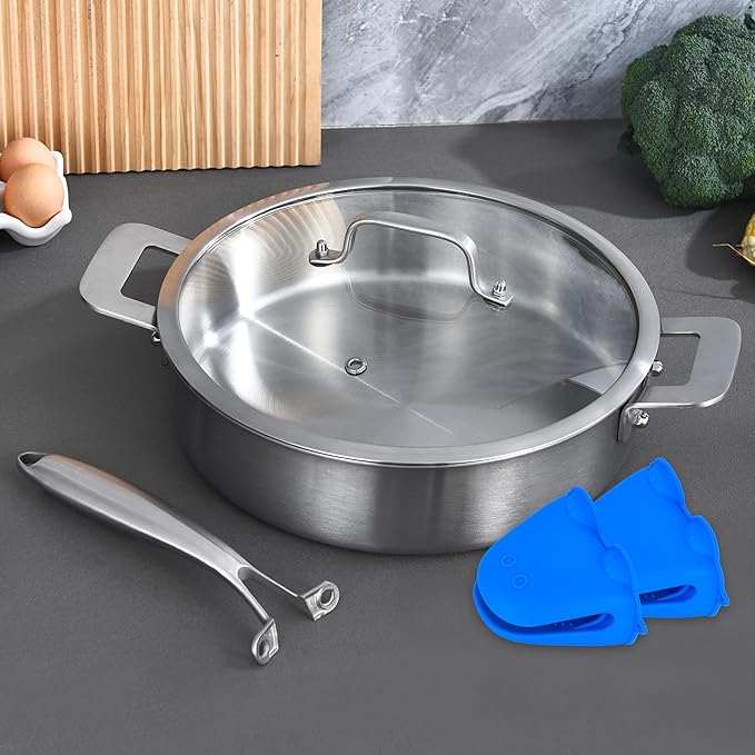 LOLYKITCH 8.5-10 Inch Tri-Ply Stainless Steel Frying Pans and 12 Inch Sauté Pan with Lid,Induction Cookware Set,Multipurpose and Detachable Handle,Dishwasher and Oven Safe