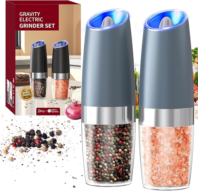CIRCLE JOY Gravity Electric Salt and Pepper Grinder Set Automatic Salt and Pepper Grinder Set with LED Light, Battery Operated, Adjustable Coarseness, Large Capacity, for Home Kitchen BBQ, Blue