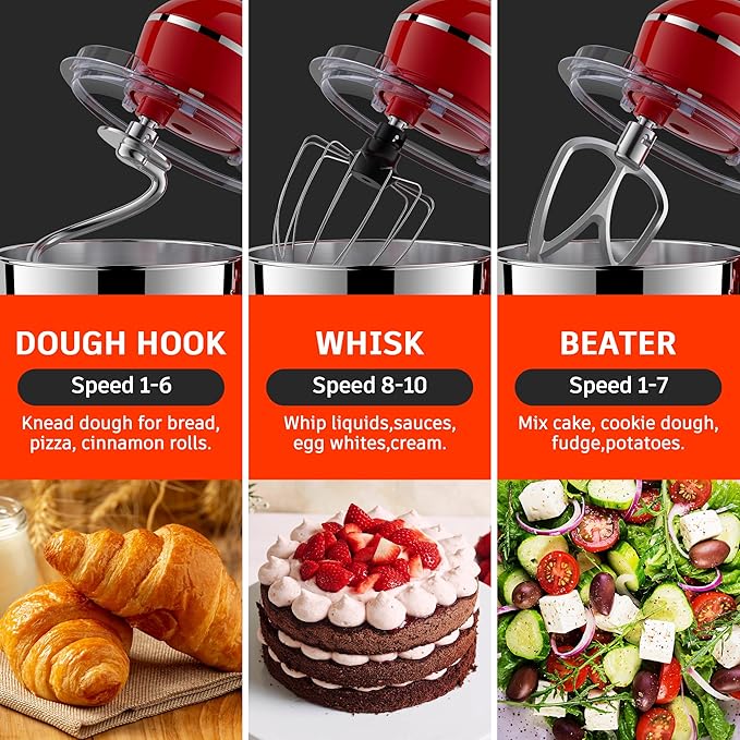 Stand Mixer, 5.5 Quart, 10 Speed Tilt-Head Food Mixer, Kitchen Electric Mixer with SS Bowl, Copper Motor, Beater, Dough Hook, SS Egg Whisk (450W Red)