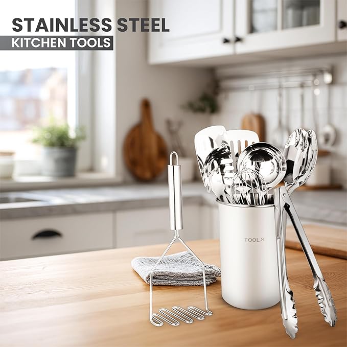 Avador® Premium Set of 10 Stainless Steel (WHITE HOLDER) Kitchen Tool Set with Holder Easy To Clean, Space Saving, Great for Cooking, Baking, Prepping (WHITE)