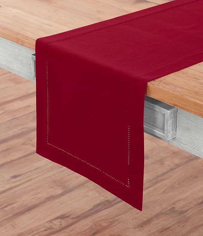 Solino Home Red Hemstitch Table Runner 48 Inches - Cotton Linen Small Table Runner 14 x 48 Inch Ideal for Dresser and Coffee Tables - Summer, Fall, Autumn, Halloween
