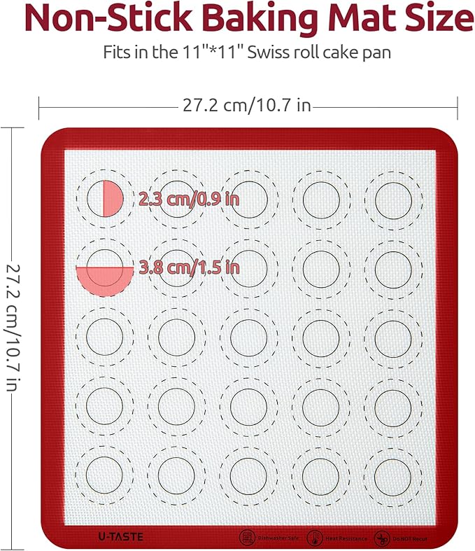 446ºF Heat Resistant Macaron Mat: U-Taste 11x11in Non Stick Silicone Baking Mat, Reusable Cookies Pastry Sheet Liner with Edge Enhancement & Circle Measurement for Square Cake Pan (2 PCS, Red)