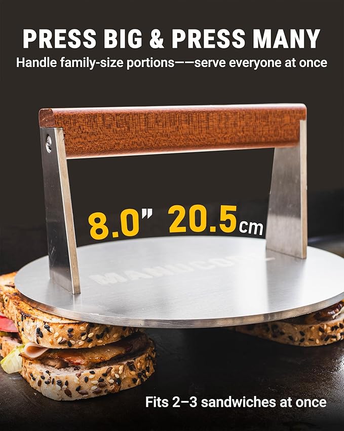 Smash Burger Press 8 Inch, 3.1 Lb Burger Smasher, Heatable for Searing Panini, Steak, Chicken, Salmon, Stainless Steel Bacon Press, Flat Bottom, Seasoning Free, Wooden Handle No Spin