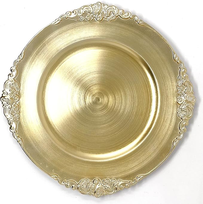 allgala Gold Charger Plates - Heavy Duty Plastic Charger for Dinner Plates - 6 Pack 13 Inch Charger Plates for Table Decor - Ideal for Weddings, Thanksgiving Parties & Holidays - Floral Gold