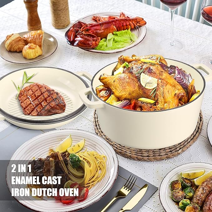 5Qt Dutch Oven, 2-In-1 Enamel Cast Iron Dutch Oven Pot with Skillet Lid, Heavy Duty Oven Safe Cookware for Sourdough Bread Baking Braising, Roasting Stewing Frying Simmering, Multi Stoves, Easy Clean (White)