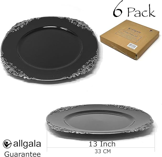allgala 13-Inch 6-Pack Heavy Quality Round Charger Plates-Floral Black Silver Trim-HD80349