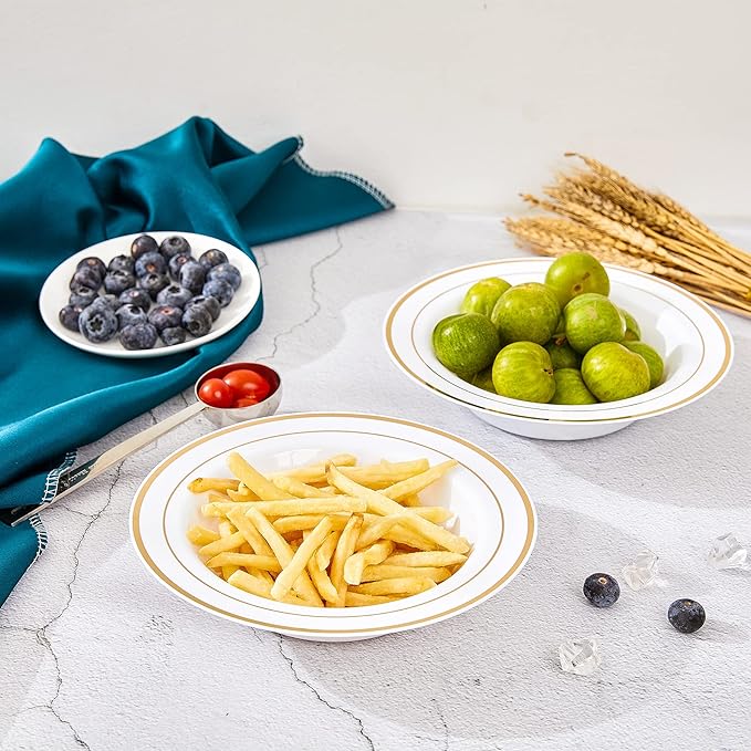 N9R 60PCS Disposable Plastic Bowls with Gold Rim, 12 oz Fancy White Plastic Bowls, Premium Dessert Salad Bowls Perfect for Party, Wedding and Everyday Use