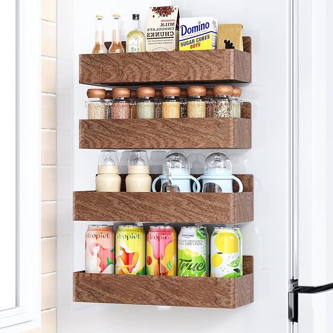 Magnetic Spice Rack for Refrigerator, Kitchen Organizer and Storage Shelf, Wood Red (4 Pack)…