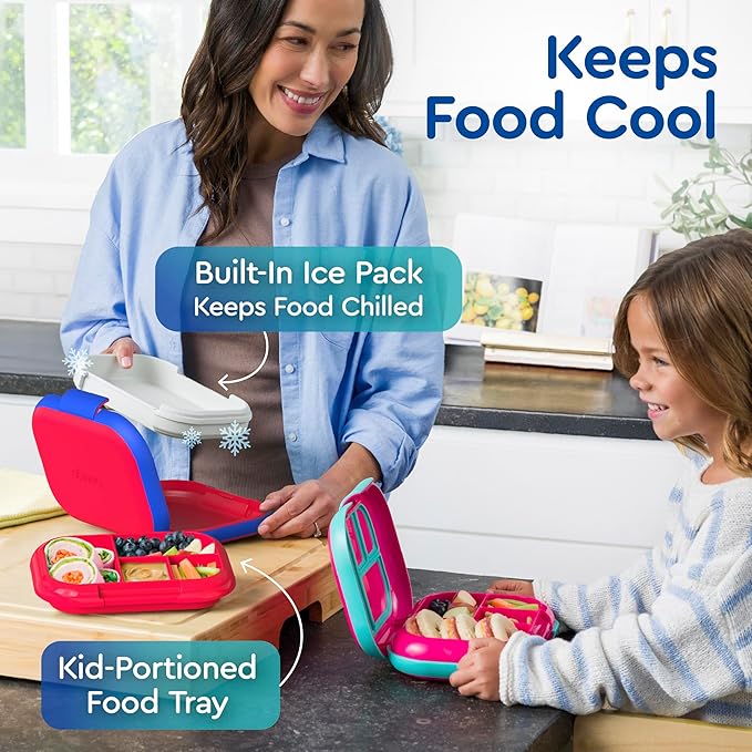 Bentgo Chill Kids Leak-Proof Lunch Box - 4-Compartment Bento Box with Built-In Ice Pack, 3.3 Cup Capacity, PFAS & BPA-Free, Microwave & Dishwasher Safe, Ideal Size for Ages 3 to 7 (Red/Royal)