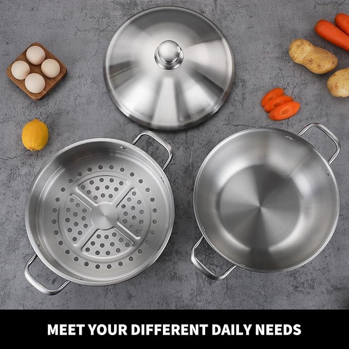 Delarlo Tri-Ply Stainless Steel Steamer Pot 12 Inch Everyday Pan With Lid,kitchen everything pan, Chef's Pans,Induction Cooking Pot, 7QT Stock Pot Dishwasher and Oven Safe