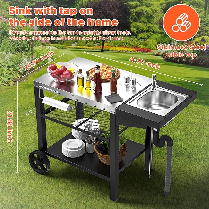 Outdoor Grill Table with Sink, Pizza Oven Cart with Drawer & Wheels, Movable 3 Shelf Food Prep Table for Ninja Woodfire, Blackstone Griddle Stand, Ooni Pizza Oven, Cuisinart, Cooking Station