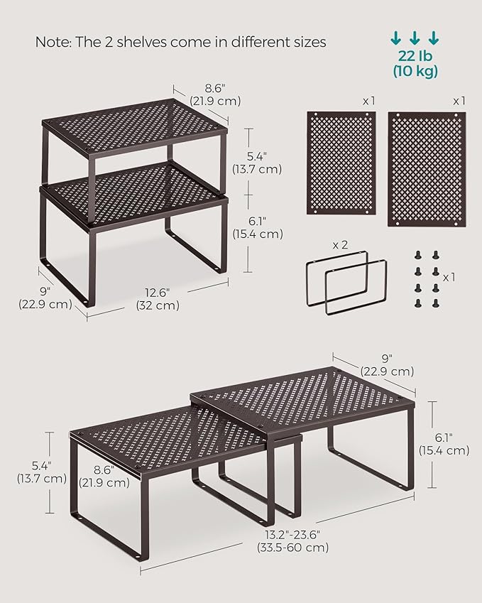 SONGMICS Spice Racks, Set of 4 Metal Cabinet Shelf Organizers, Countertop Organizers, Shelf Risers, Stackable, Expandable, Brown UKCS06BR