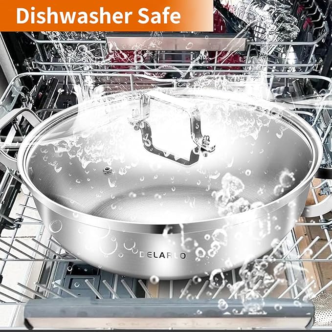 DELARLO Tri-Ply Stainless Steel 12 inch Everyday Pan with Glass Lid, Deep Saute Pan, Kitchen Everything Pan, High Side Chef's Pans, Induction Cooking Pot, Dishwasher Safe, 4QT Stock Pot Up To 600℉