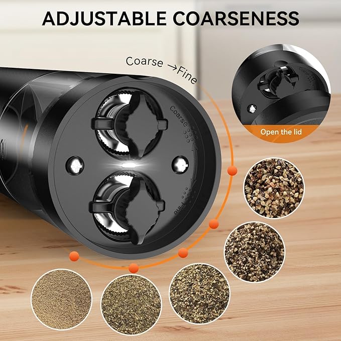2 in 1 Electric Salt and Pepper Grinder Set, USB Rechargeable, Automatic Salt and Pepper Mill Shakers with LED Light, Battery Display, Adjustable Coarseness, Ideal for Kitchen Outdoor BBQ Gift
