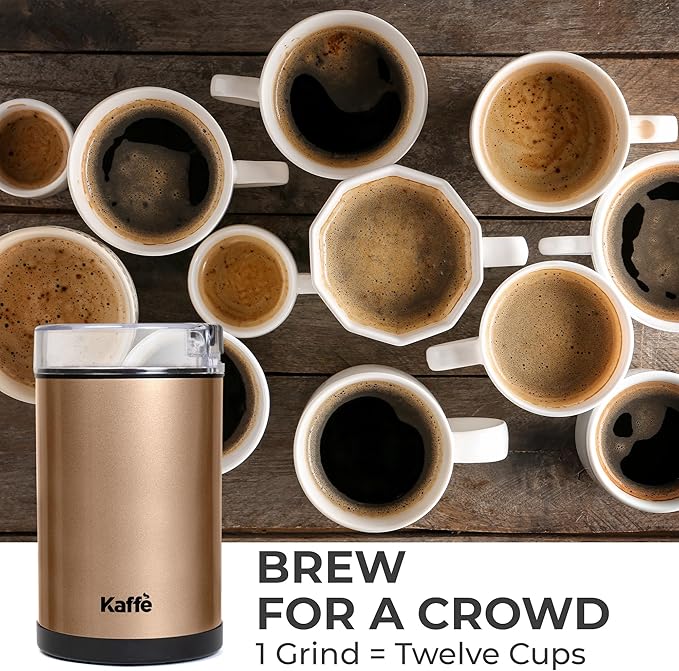 Kaffe One-Touch Coffee Grinder Electric w/Cleaning Brush (3 oz) - Stainless Steel - Coffee Grinders for Home Use - Up to 12 Cups of Coffee per Grind - Easy On/Off Coffee Bean Grinder - Copper