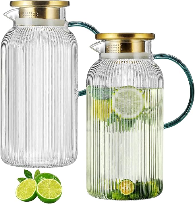 2 PACK Glass Pitcher with Lid,68 oz/ 2 Liter Vertical Stripes Water Pitcher With Green Handle,Glass Water Carafe for Cold Brew,Coffee, Lemonade, Iced Sun Tea,Beverage,Milk Heat Resistant