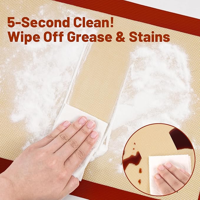 Silicone Baking Mat, 5 Pcs Grade Food Non-Stick Reusable Baking Mat, Slip Oven Liner Sheet, Round & Square Cake Pan Mat & Silicone Brush for Macaron, Pastry, Cookie