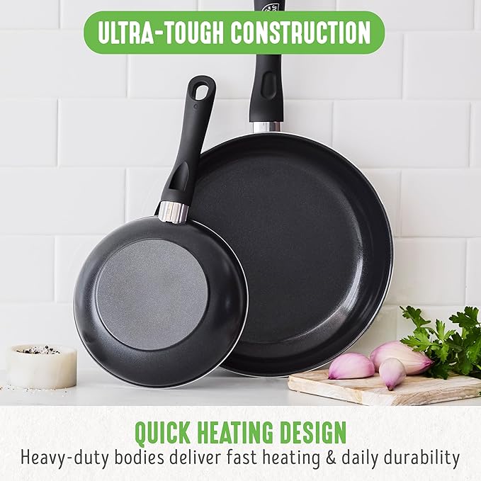 GreenLife Soft Grip 7" and 10" Frying Pan Set, Healthy Ceramic Nonstick, Non Toxic PFAS & PFOA-Free, Dishwasher Safe, Egg Omelet Skillet, Cookware for Easy Cooking, Kitchen Essentials, Black