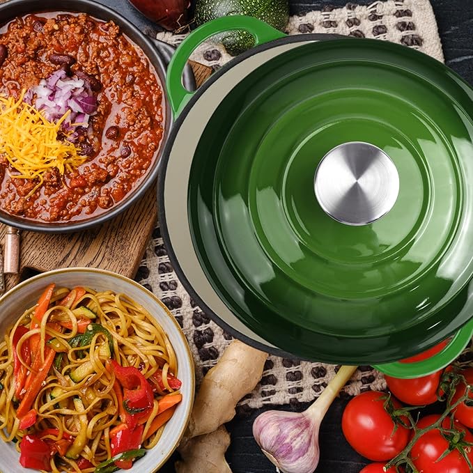 6 Quart Dutch Oven Enameled Cast Iron with Lid - Big Dual Handles - Oven Safe up to 500°F - Classic Round Pot for Versatile Cooking (Green, 6 QT)