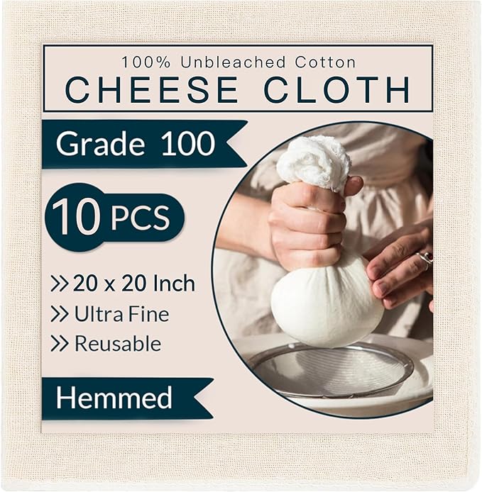 10 PCS Reusable Cheesecloth, 20x20 inch Hemmed,Ultra Fine for Straining & Cooking,Washable Unbleached Pure Cotton Cheesecloth for Making Cheese