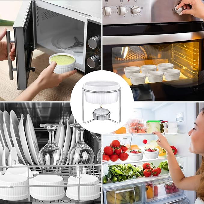 60 Pcs Ceramic Butter Warmers Set, Include 12 Butter Warmers for Seafood Melter with Stands, 48 Tea Light Candles Food Warmer Candle for Fondue Chocolate Dishwasher Microwave Oven Safe