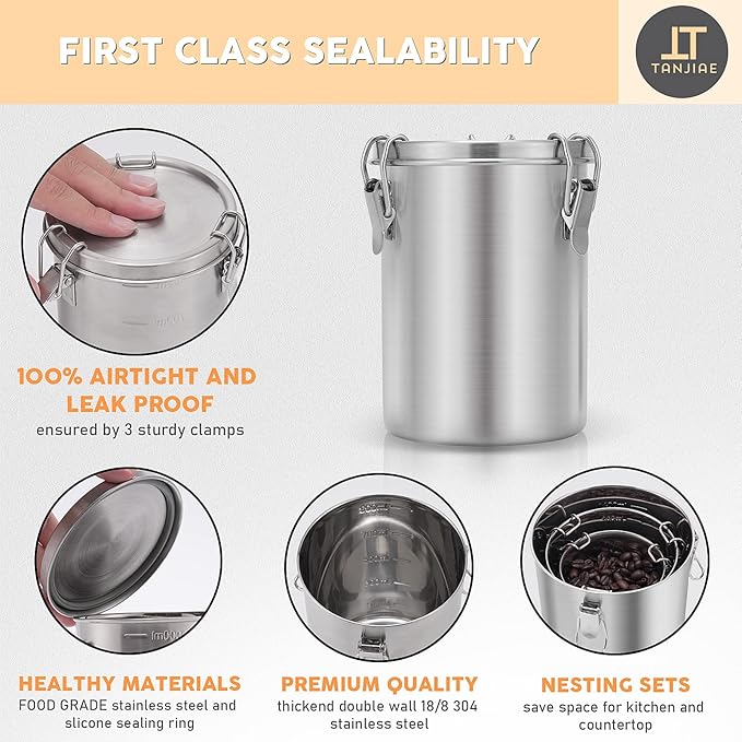 Compact Stainless Steel 100% Airtight Canisters Sets for Small Kitchens | Metal Food Storage Containers with Lids Sealed - Keep Flour, Sugar, Coffee, Tea Fresh for Months (18+35+56 fl oz)