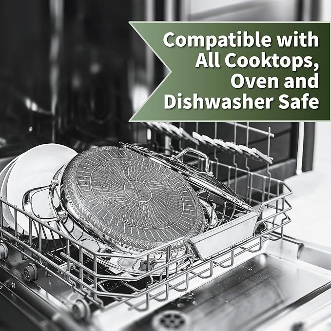 Hybrid Nonstick Skillet with Lid 12 Inch, Stainless Steel Paella Pan with Two Handles Multi-Functional Pan Dishwasher and Oven Safe