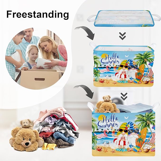 Summer Tropical Beach Storage Basket Collapsible Clothes Kid Laundry Hamper Palm Tree Large Picnic Basket Boy Girl Book Toy Box Bin, Blue, 36L